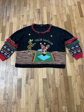 Holiday Time 3X Black Feliz Navidad Ugly Christmas Sweater Chihuahua Cactus